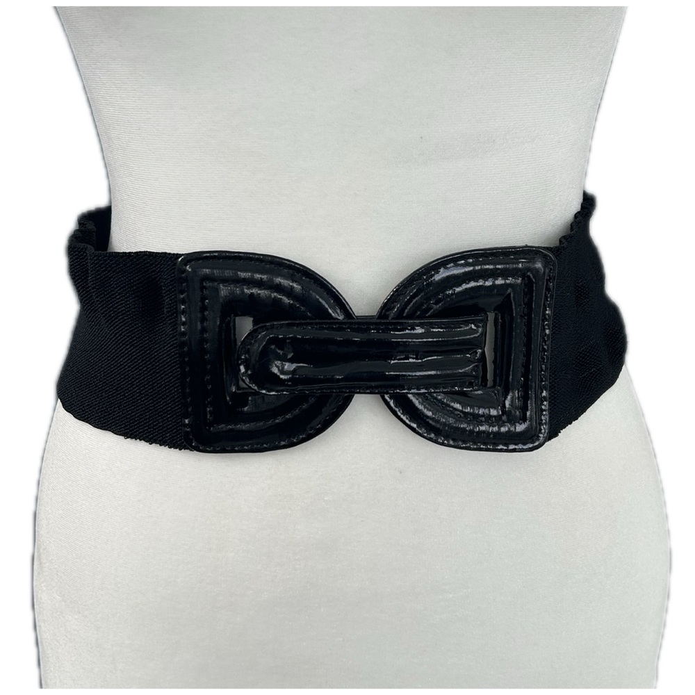 Vintage Black Patent Leather High Waist Elastic Fashion Snap Belt